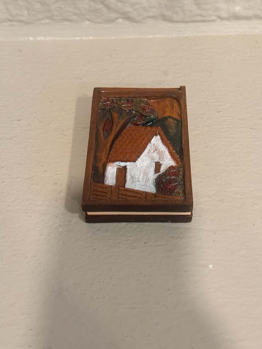 Vintage Hand Carved Wood Notepad with Painted Adobe Cottage Scene